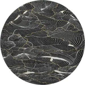 Photo of 8' Black Ivory And Gold Abstract Washable Round Rug With UV Protection