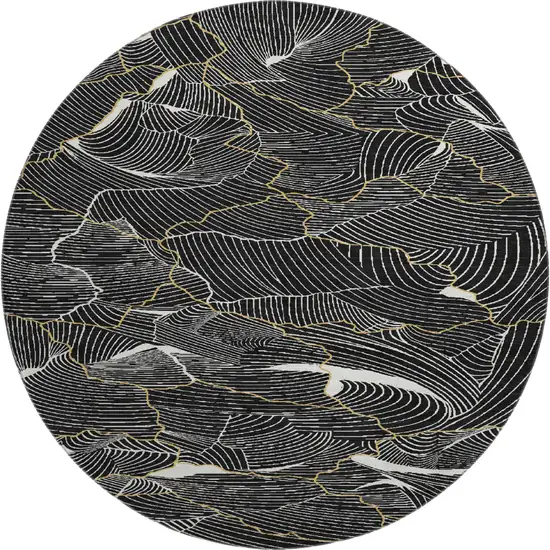 8' Black Ivory And Gold Abstract Washable Round Rug With UV Protection Photo 1