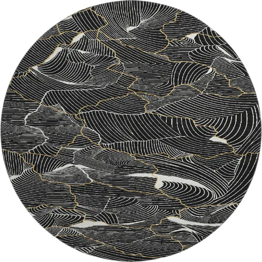 8' Black Ivory And Gold Abstract Washable Round Rug With UV Protection Photo 1