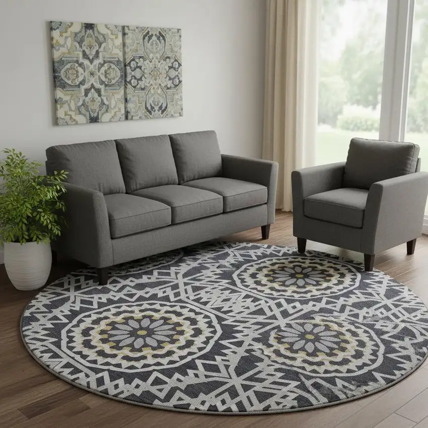 8' Black Ivory And Gold Geometric Washable Round Rug With UV Protection Photo 1