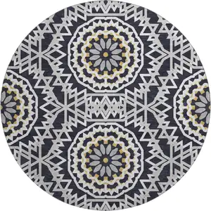 Photo of 8' Black Ivory And Gold Geometric Washable Round Rug With UV Protection