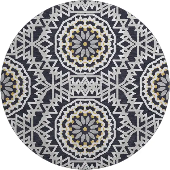 8' Black Ivory And Gold Geometric Washable Round Rug With UV Protection Photo 1