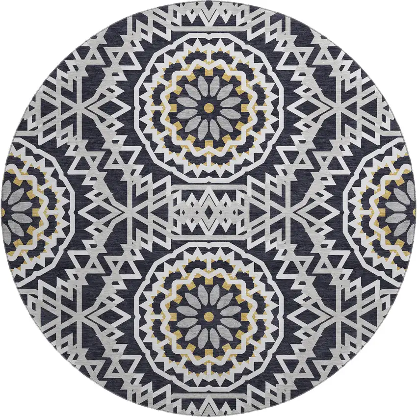 8' Black Ivory And Gold Geometric Washable Round Rug With UV Protection Photo 1
