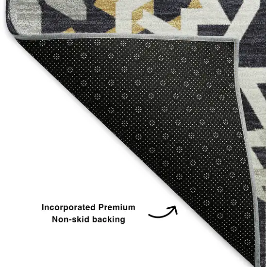 8' Black Ivory And Gold Geometric Washable Round Rug With UV Protection Photo 5