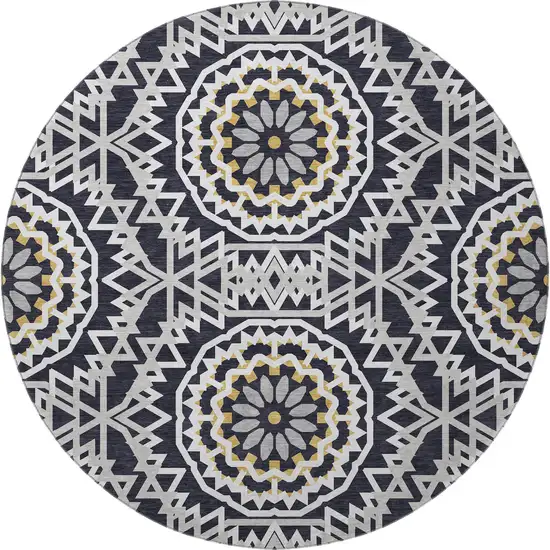 8' Black Ivory And Gold Geometric Washable Round Rug With UV Protection Photo 3
