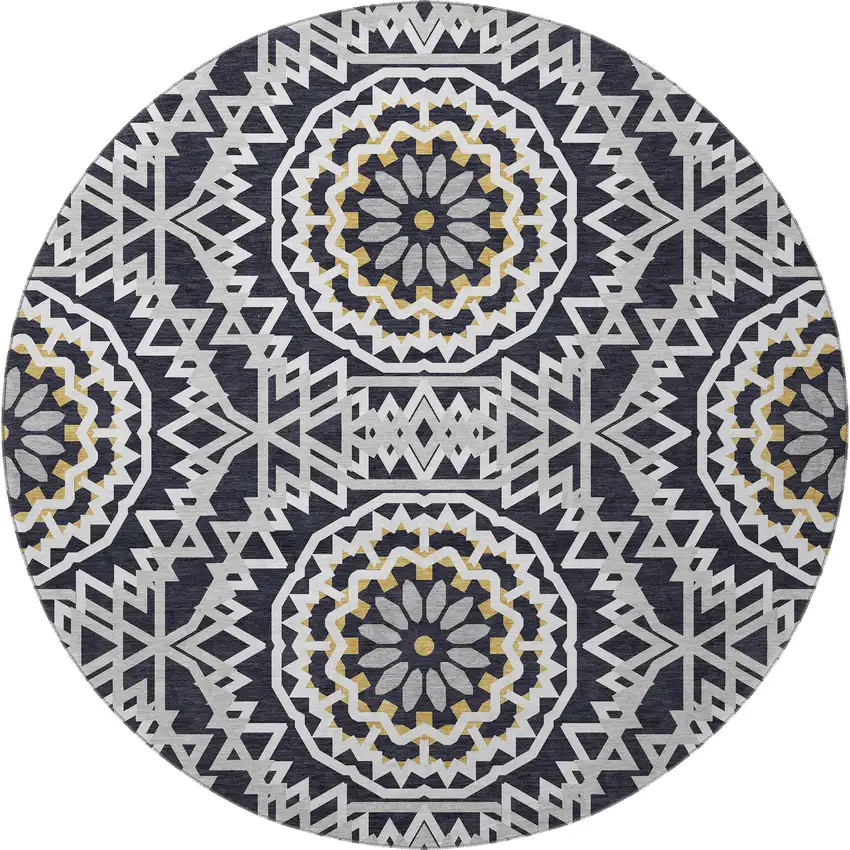 8' Black Ivory And Gold Geometric Washable Round Rug With UV Protection Photo 3