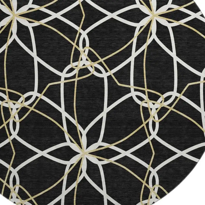 8' Black Ivory And Gold Geometric Washable Round Rug With UV Protection Photo 2