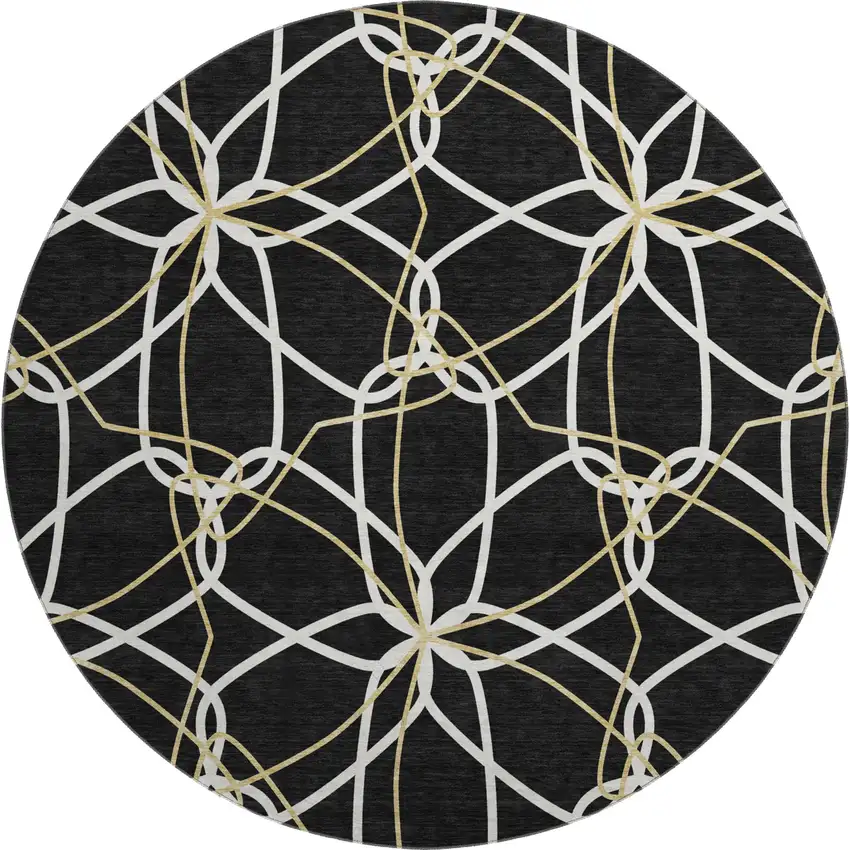 8' Black Ivory And Gold Geometric Washable Round Rug With UV Protection Photo 1