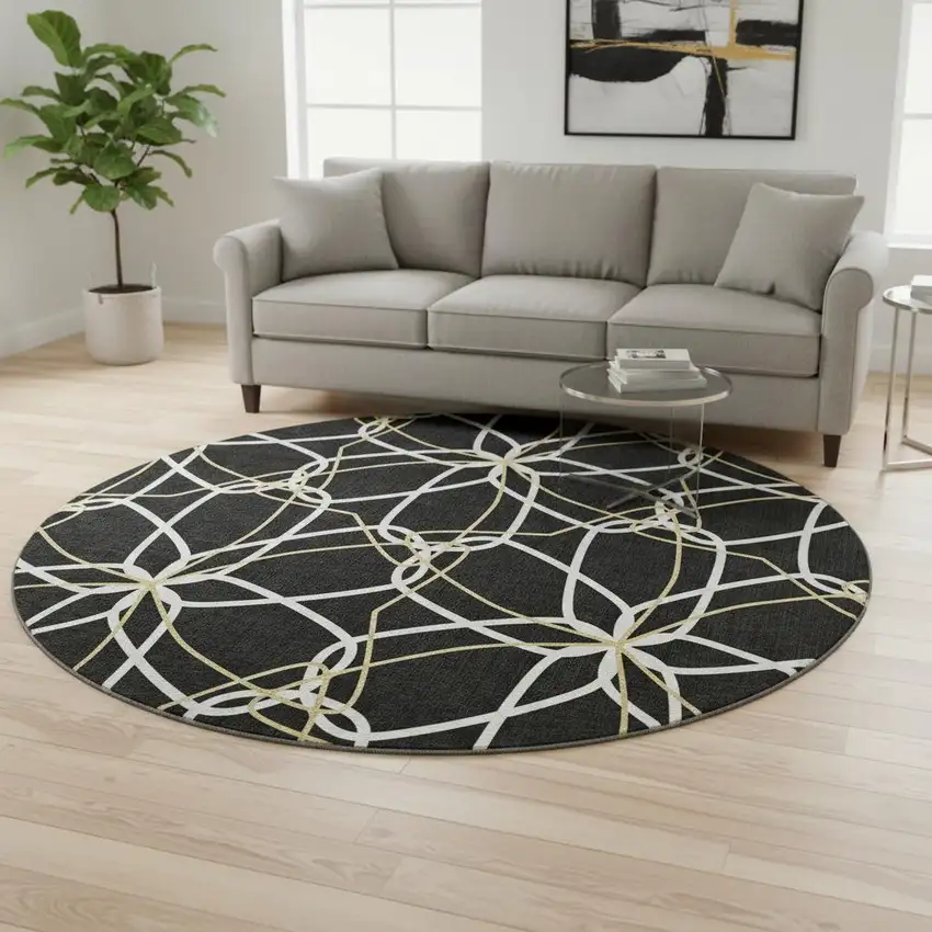 8' Black Ivory And Gold Geometric Washable Round Rug With UV Protection Photo 2