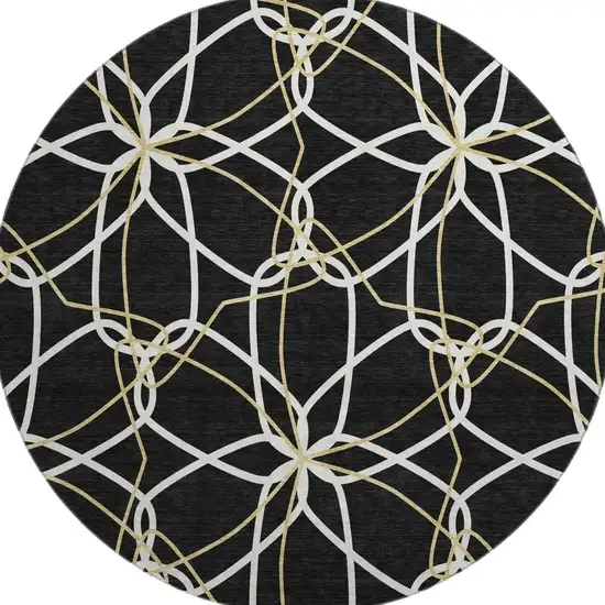 8' Black Ivory And Gold Geometric Washable Round Rug With UV Protection Photo 3