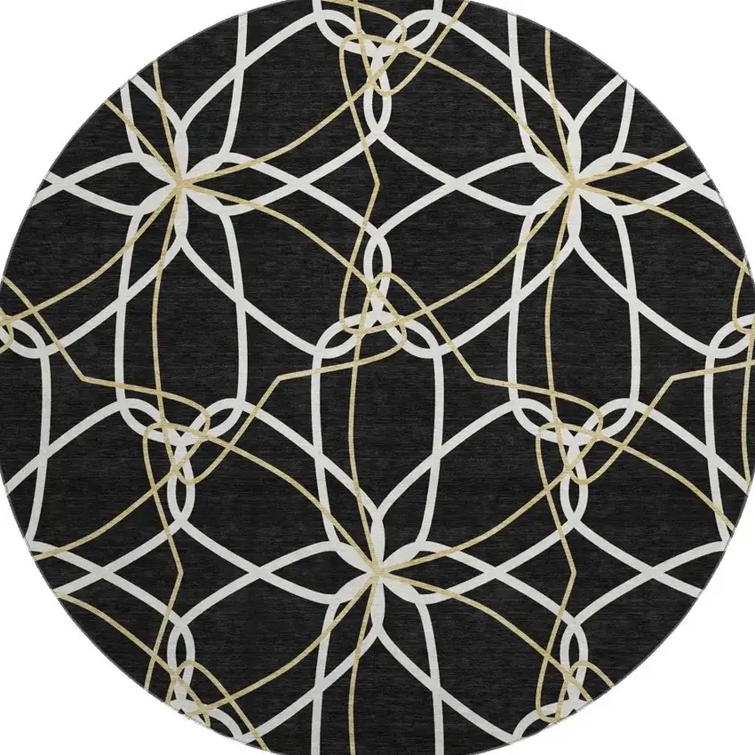 8' Black Ivory And Gold Geometric Washable Round Rug With UV Protection Photo 3