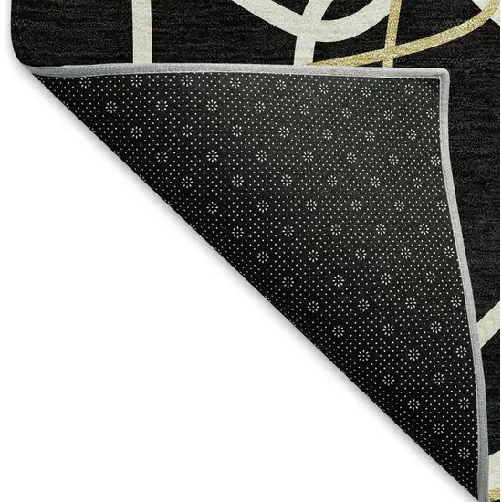 8' Black Ivory And Gold Geometric Washable Round Rug With UV Protection Photo 5