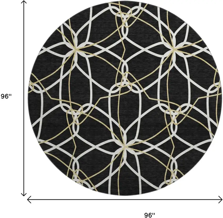 8' Black Ivory And Gold Geometric Washable Round Rug With UV Protection Photo 9