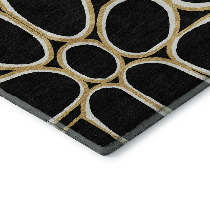 8' Black Ivory And Gold Geometric Washable Round Rug With UV Protection Photo 6