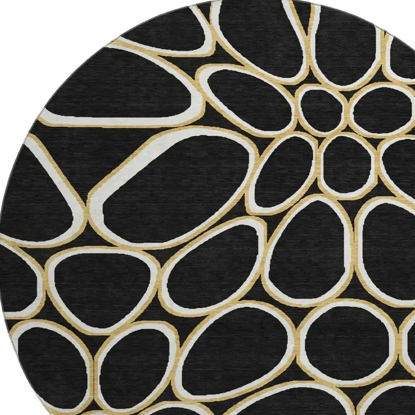 8' Black Ivory And Gold Geometric Washable Round Rug With UV Protection Photo 3