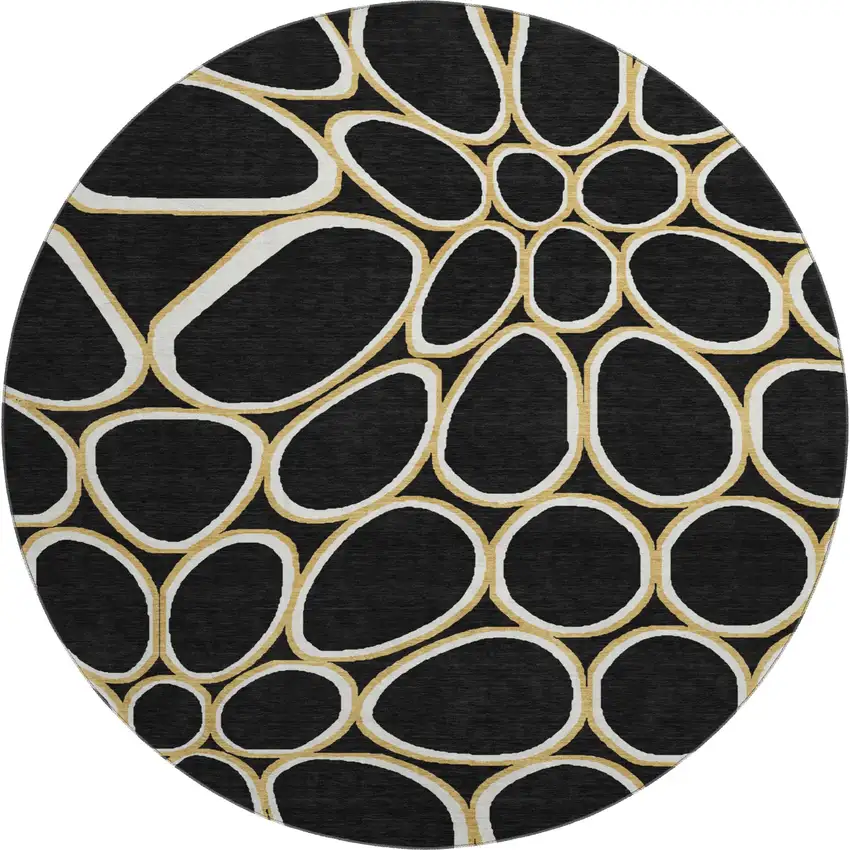 8' Black Ivory And Gold Geometric Washable Round Rug With UV Protection Photo 1