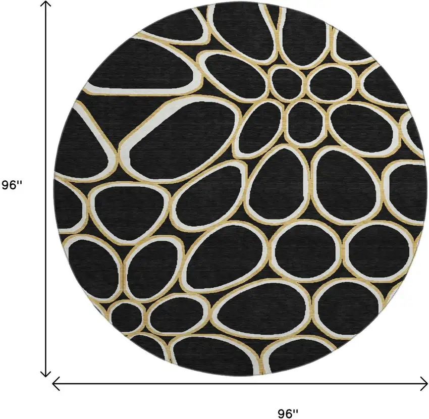 8' Black Ivory And Gold Geometric Washable Round Rug With UV Protection Photo 9