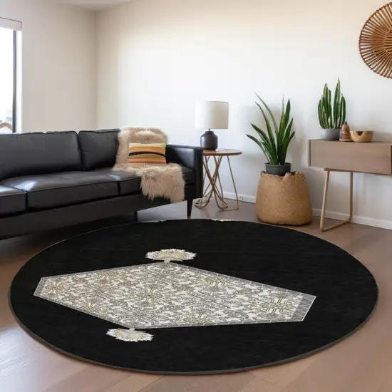 8' Black Ivory And Gold Oriental Washable Round Rug With UV Protection Photo 5