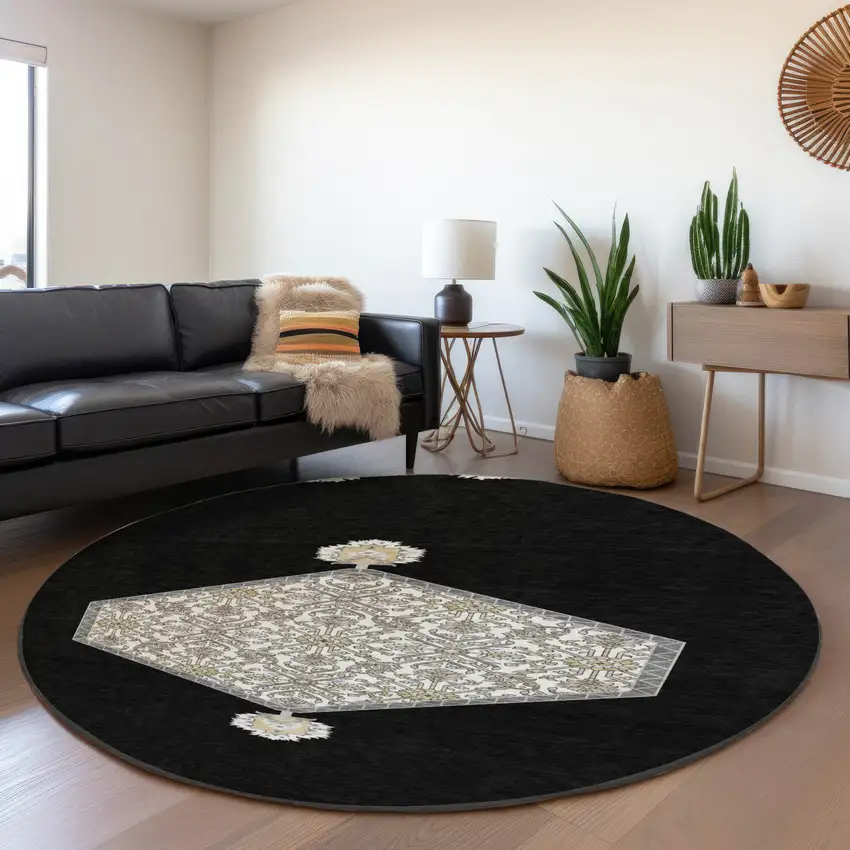 8' Black Ivory And Gold Oriental Washable Round Rug With UV Protection Photo 5