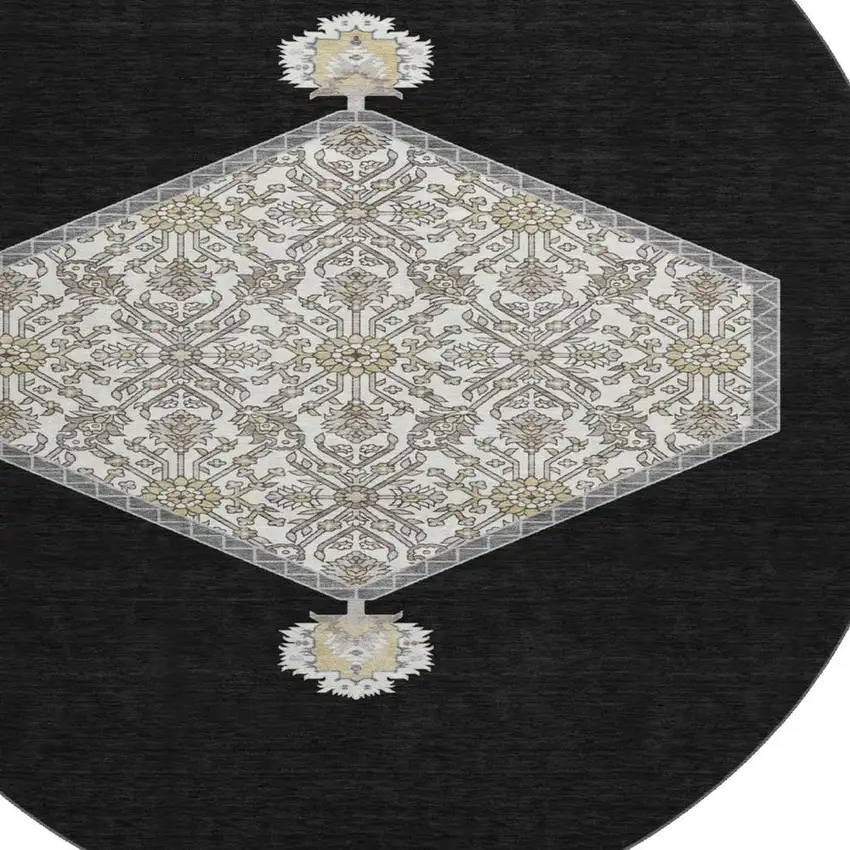 8' Black Ivory And Gold Oriental Washable Round Rug With UV Protection Photo 2
