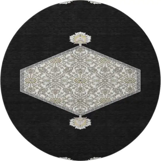 8' Black Ivory And Gold Oriental Washable Round Rug With UV Protection Photo 3