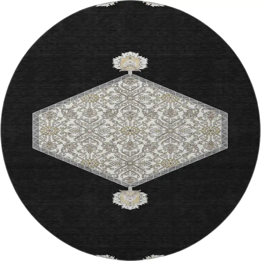 8' Black Ivory And Gold Oriental Washable Round Rug With UV Protection Photo 3