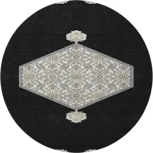 Photo of 8' Black Ivory And Gold Oriental Washable Round Rug With UV Protection