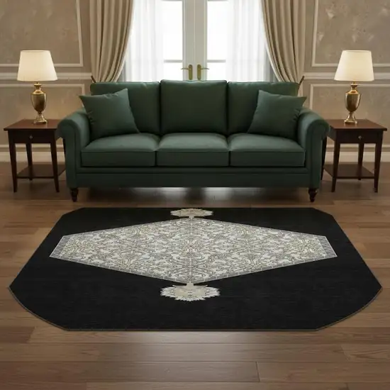 8' Black Ivory And Gold Oriental Washable Round Rug With UV Protection Photo 2