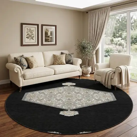 8' Black Ivory And Gold Oriental Washable Round Rug With UV Protection Photo 1