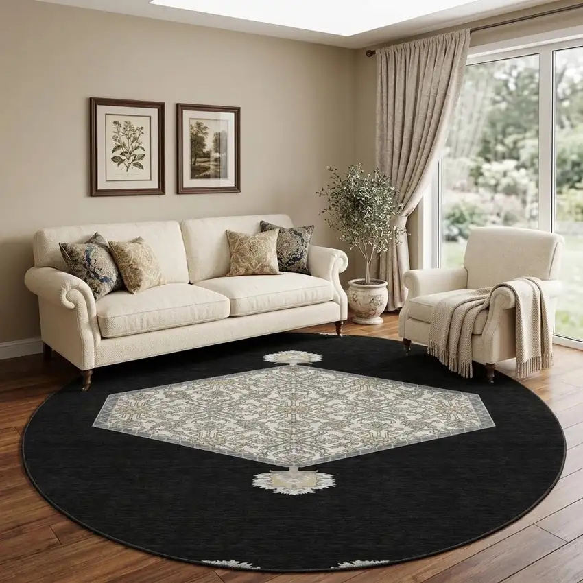 8' Black Ivory And Gold Oriental Washable Round Rug With UV Protection Photo 1
