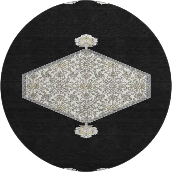 8' Black Ivory And Gold Oriental Washable Round Rug With UV Protection Photo 1