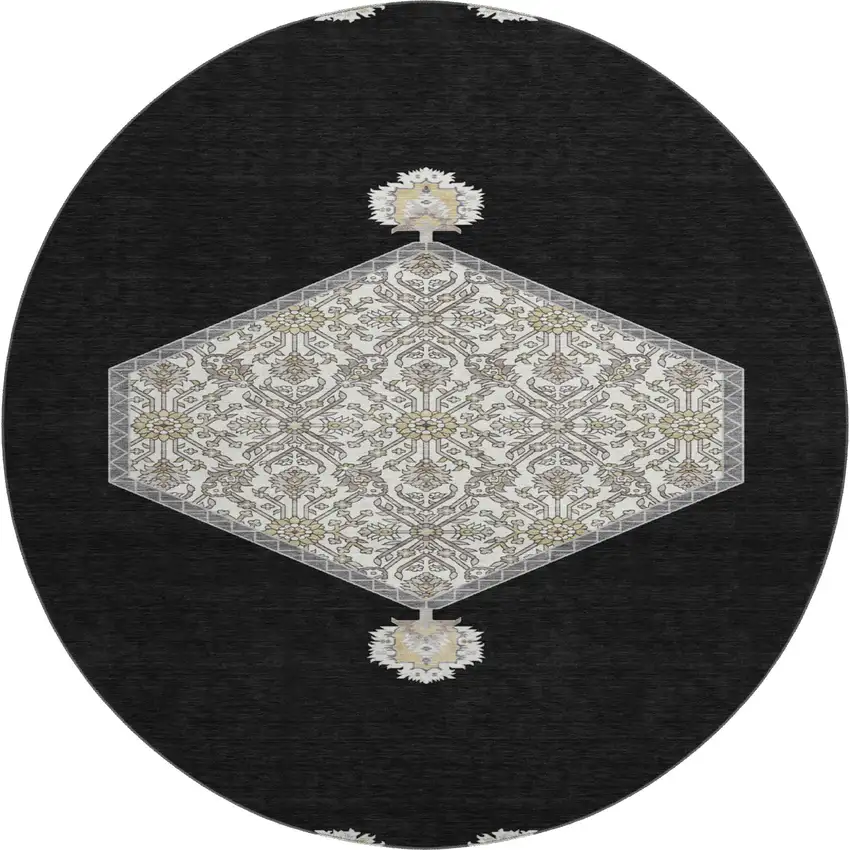 8' Black Ivory And Gold Oriental Washable Round Rug With UV Protection Photo 1