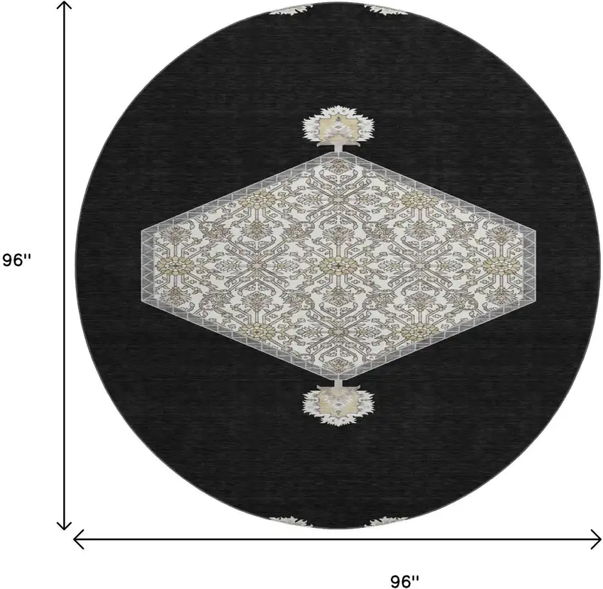 8' Black Ivory And Gold Oriental Washable Round Rug With UV Protection Photo 9