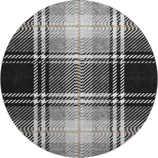 8' Black Ivory And Gold Plaid Washable Round Rug With UV Protection Photo 1