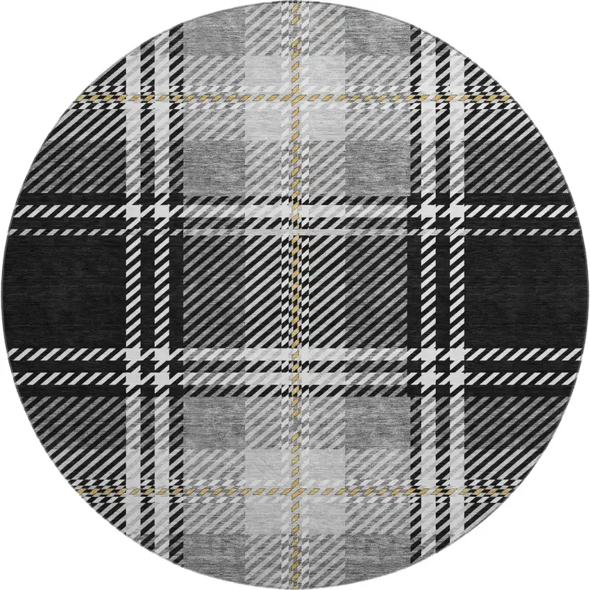 8' Black Ivory And Gold Plaid Washable Round Rug With UV Protection Photo 1