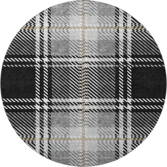 8' Black Ivory And Gold Plaid Washable Round Rug With UV Protection Photo 3