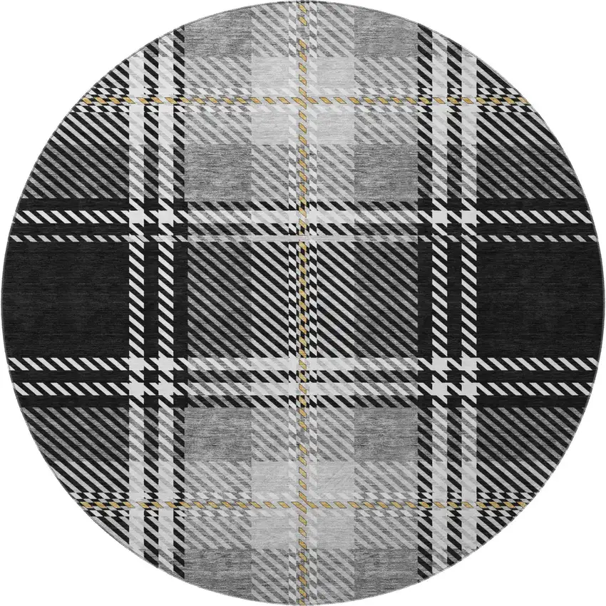 8' Black Ivory And Gold Plaid Washable Round Rug With UV Protection Photo 3