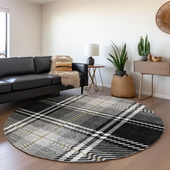 8' Black Ivory And Gold Plaid Washable Round Rug With UV Protection Photo 4