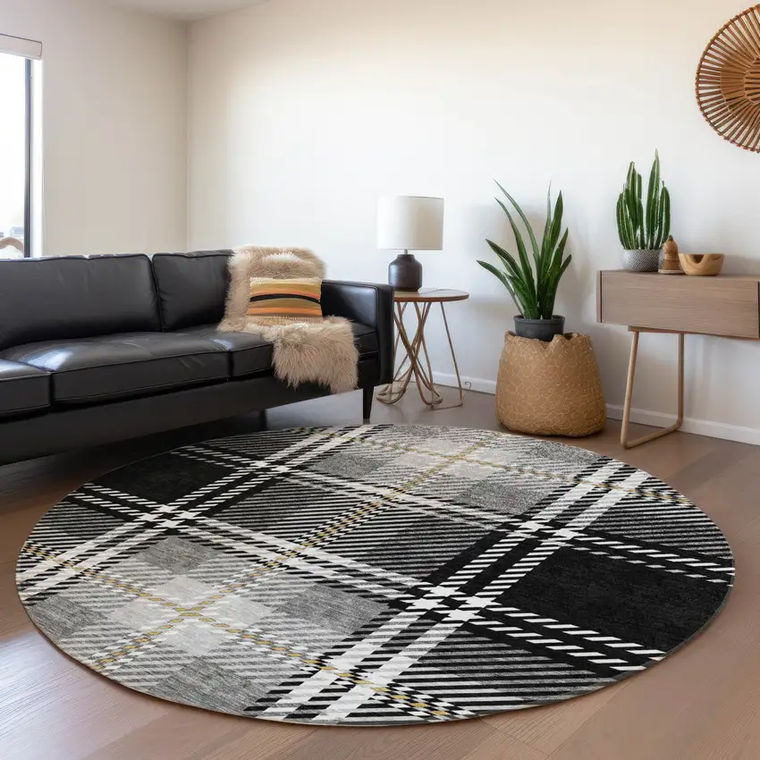 8' Black Ivory And Gold Plaid Washable Round Rug With UV Protection Photo 4