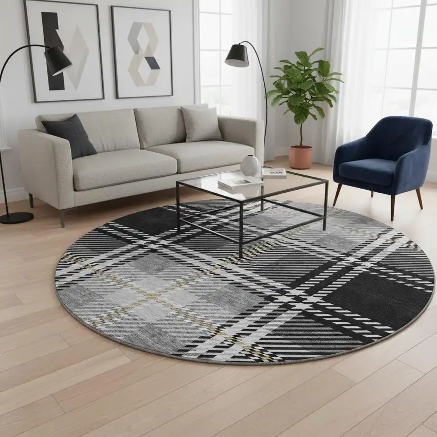 8' Black Ivory And Gold Plaid Washable Round Rug With UV Protection Photo 2