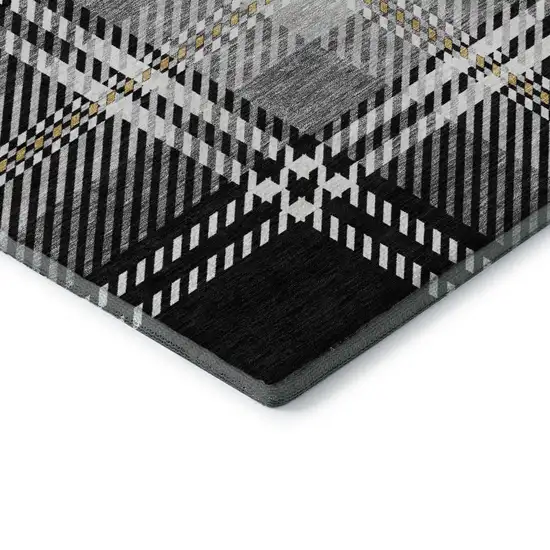 8' Black Ivory And Gold Plaid Washable Round Rug With UV Protection Photo 6