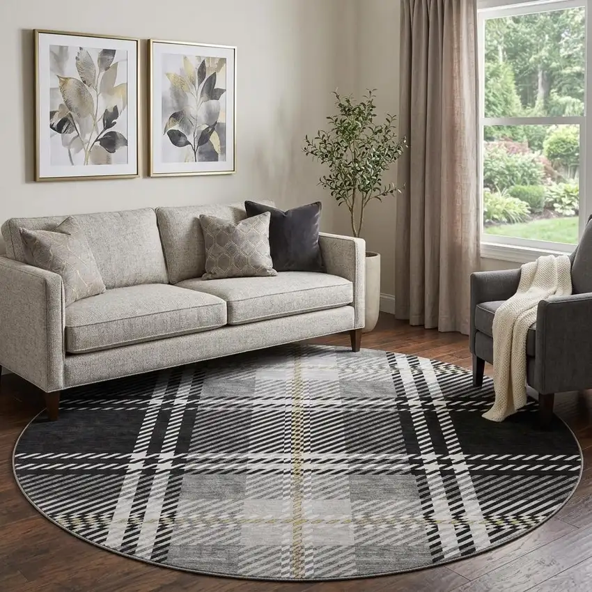 8' Black Ivory And Gold Plaid Washable Round Rug With UV Protection Photo 1