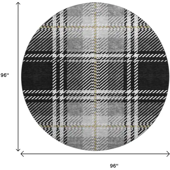 8' Black Ivory And Gold Plaid Washable Round Rug With UV Protection Photo 9