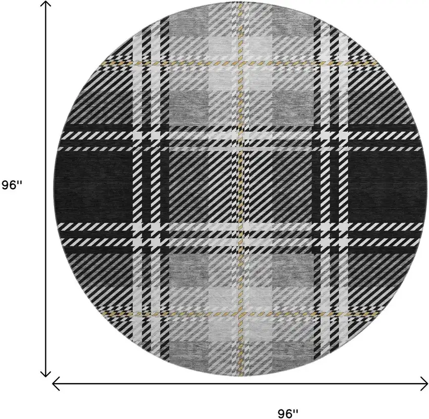 8' Black Ivory And Gold Plaid Washable Round Rug With UV Protection Photo 9