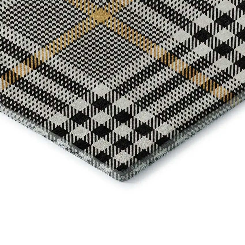 8' Black Ivory And Gold Plaid Washable Round Rug With UV Protection Photo 6