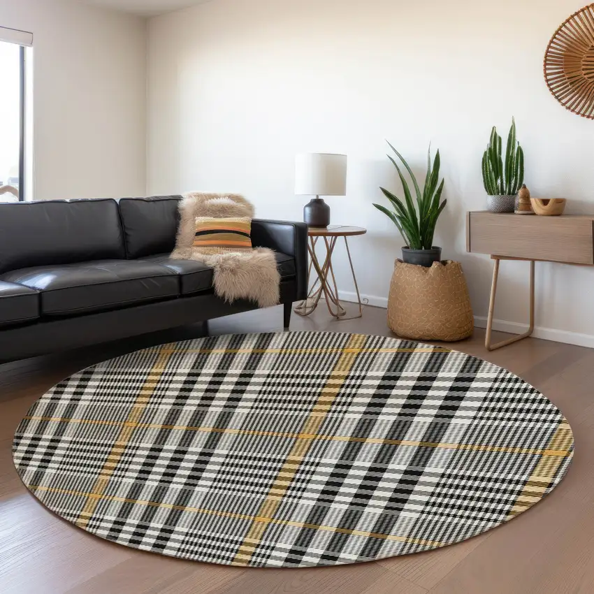 8' Black Ivory And Gold Plaid Washable Round Rug With UV Protection Photo 4