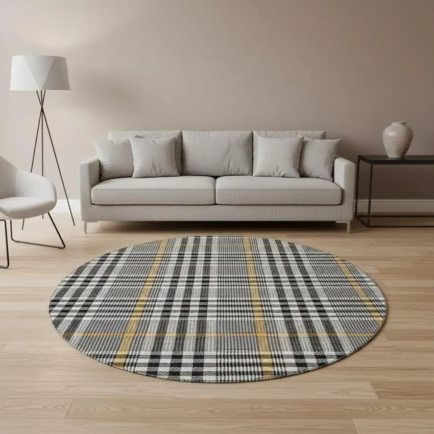 8' Black Ivory And Gold Plaid Washable Round Rug With UV Protection Photo 2