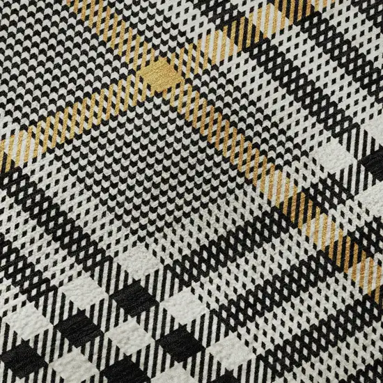 8' Black Ivory And Gold Plaid Washable Round Rug With UV Protection Photo 8