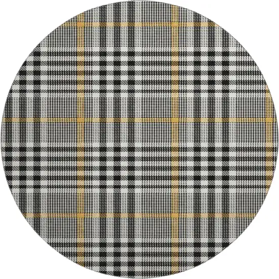 8' Black Ivory And Gold Plaid Washable Round Rug With UV Protection Photo 1