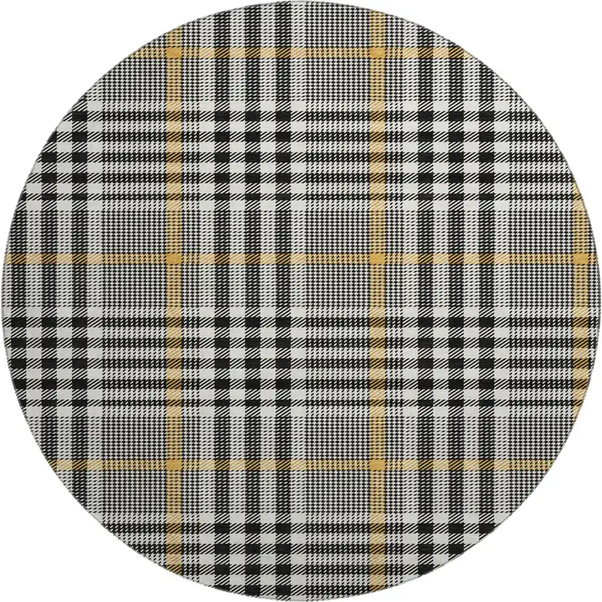8' Black Ivory And Gold Plaid Washable Round Rug With UV Protection Photo 1